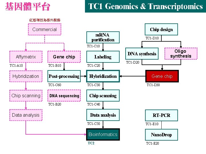 基因體平台 TC 1 Genomics & Transcriptomics 紅底項目為委外服務 Commercial Chip design m. RNA purification TC