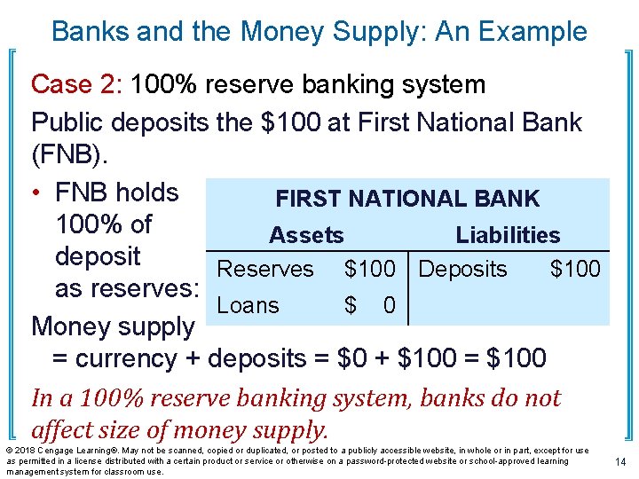Banks and the Money Supply: An Example Case 2: 100% reserve banking system Public