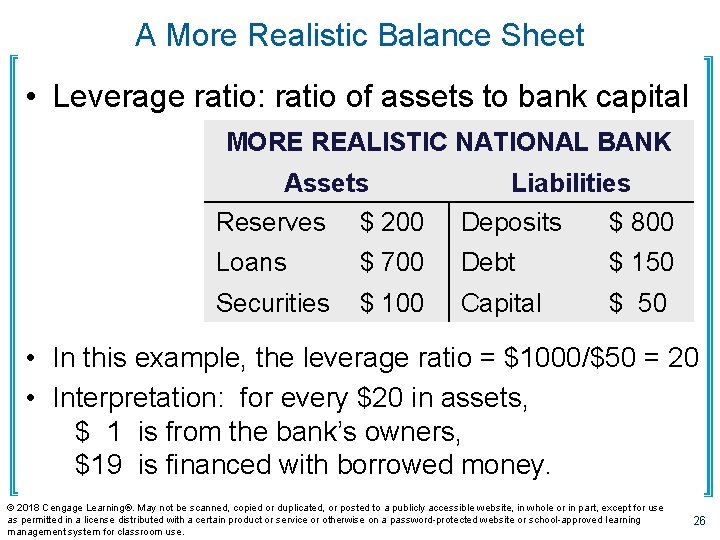 A More Realistic Balance Sheet • Leverage ratio: ratio of assets to bank capital