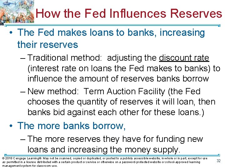 How the Fed Influences Reserves • The Fed makes loans to banks, increasing their