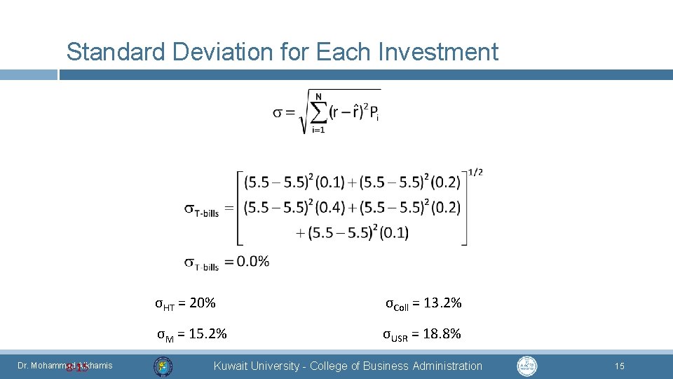 Standard Deviation for Each Investment Dr. Mohammad Alkhamis 8 -15 σHT = 20% σColl