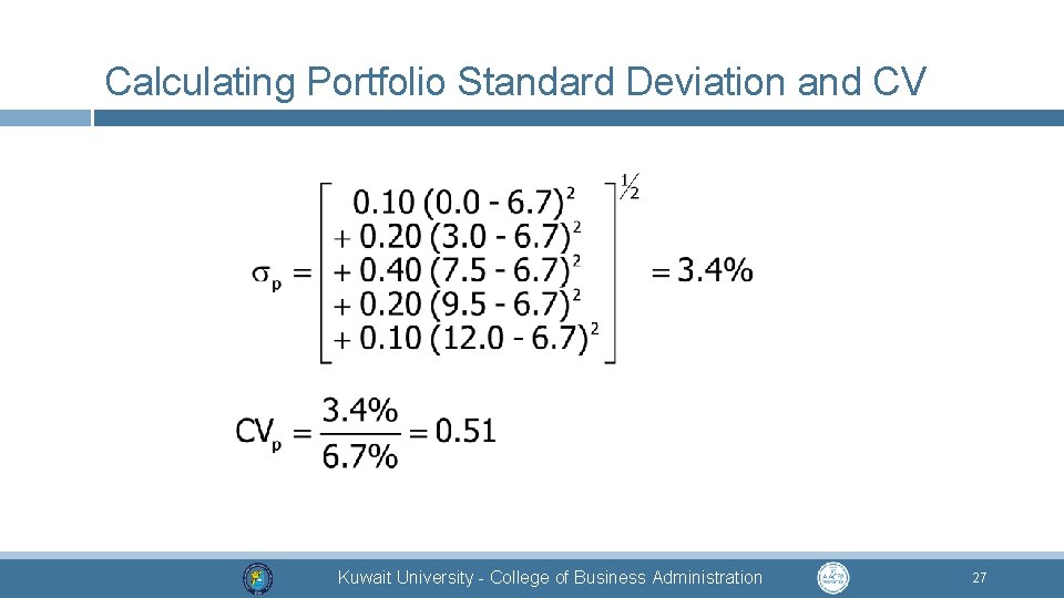 Calculating Portfolio Standard Deviation and CV Kuwait University - College of Business Administration 27