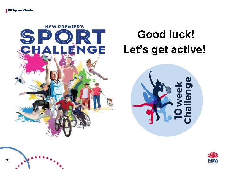 NSW Department of Education Good luck! Let’s get active! 13 