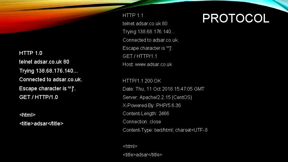 HTTP 1. 1 telnet adsar. co. uk 80 PROTOCOL Trying 138. 68. 176. 140.