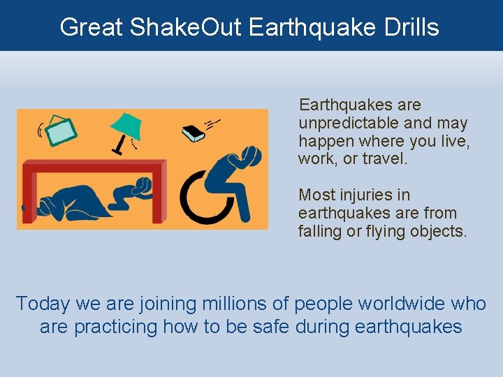 Great Shake. Out Earthquake Drills Earthquakes are unpredictable and may happen where you live,