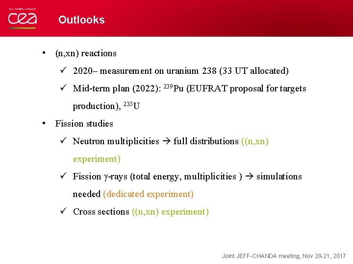 Outlooks • (n, xn) reactions ü 2020– measurement on uranium 238 (33 UT allocated)