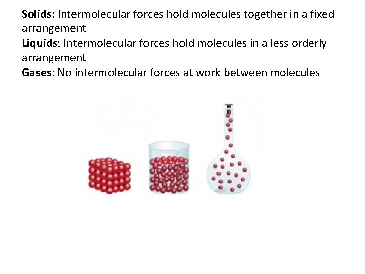Solids: Intermolecular forces hold molecules together in a fixed arrangement Liquids: Intermolecular forces hold