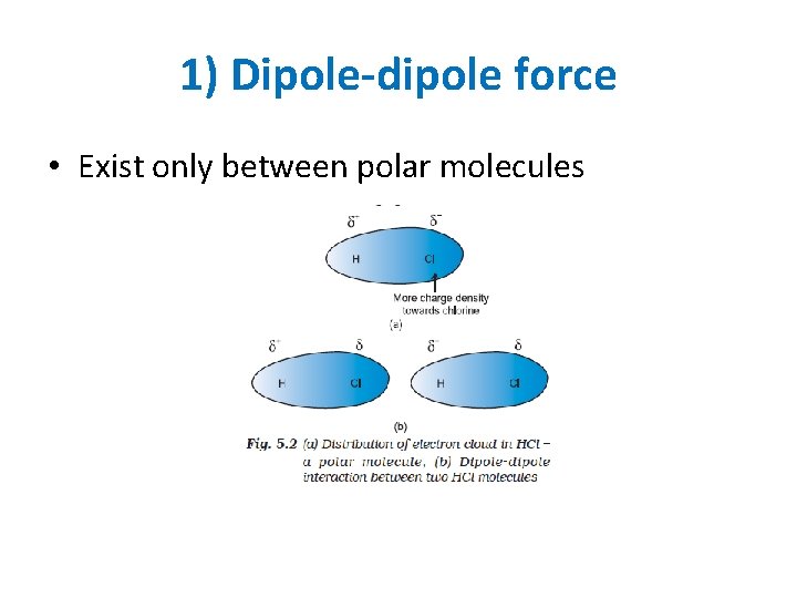 1) Dipole-dipole force • Exist only between polar molecules 