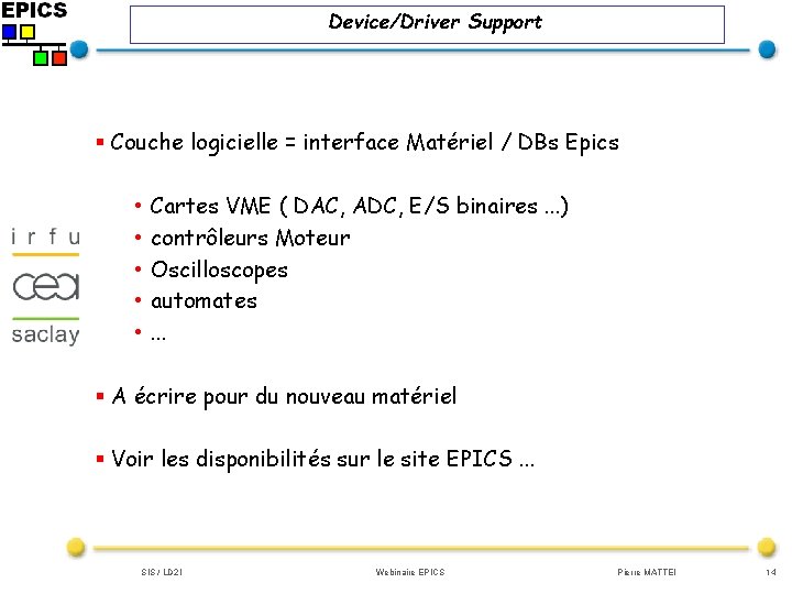Device/Driver Support § Couche logicielle = interface Matériel / DBs Epics • • •