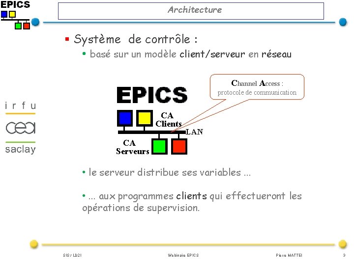 Architecture § Système de contrôle : • basé sur un modèle client/serveur en réseau