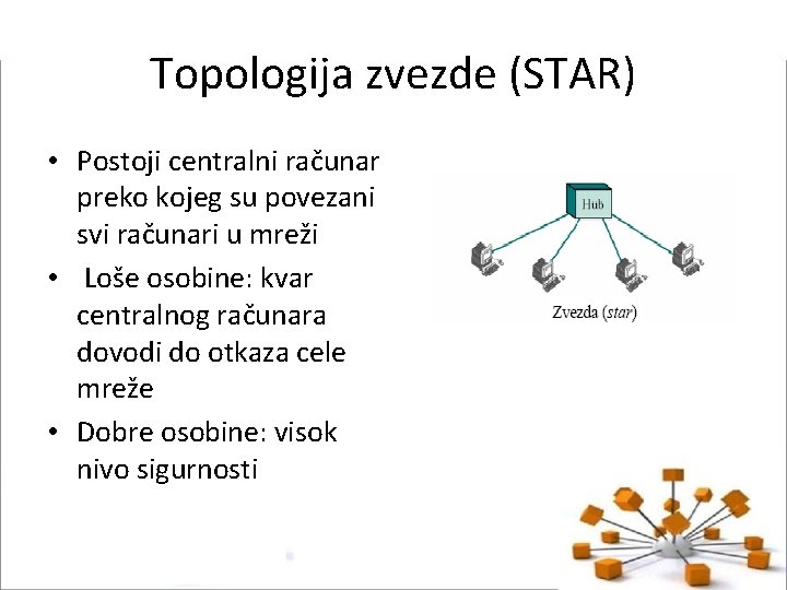 Topologija zvezde (STAR) • Postoji centralni računar preko kojeg su povezani svi računari u