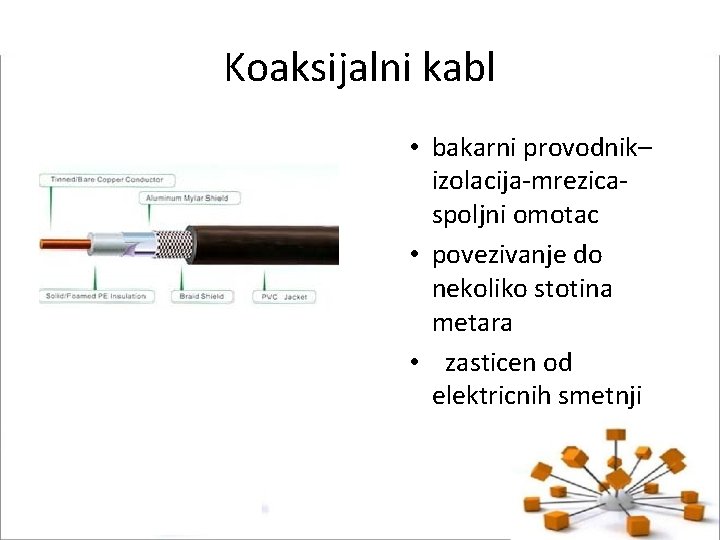 Koaksijalni kabl • bakarni provodnik– izolacija-mrezicaspoljni omotac • povezivanje do nekoliko stotina metara •