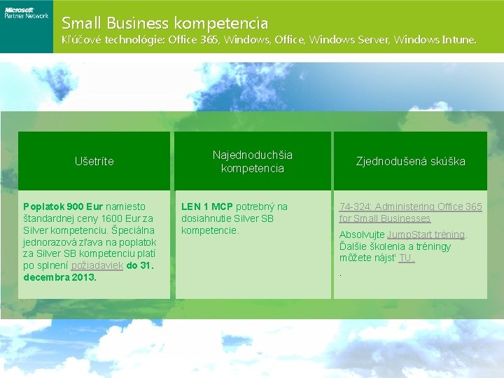 Small Business kompetencia Kľúčové technológie: Office 365, Windows, Office, Windows Server, Windows Intune. Ušetríte