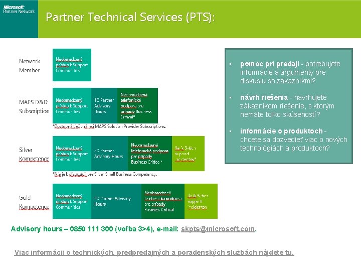 Partner Technical Services (PTS): • pomoc pri predaji - potrebujete informácie a argumenty pre