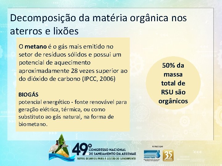 Decomposição da matéria orgânica nos aterros e lixões O metano é o gás mais