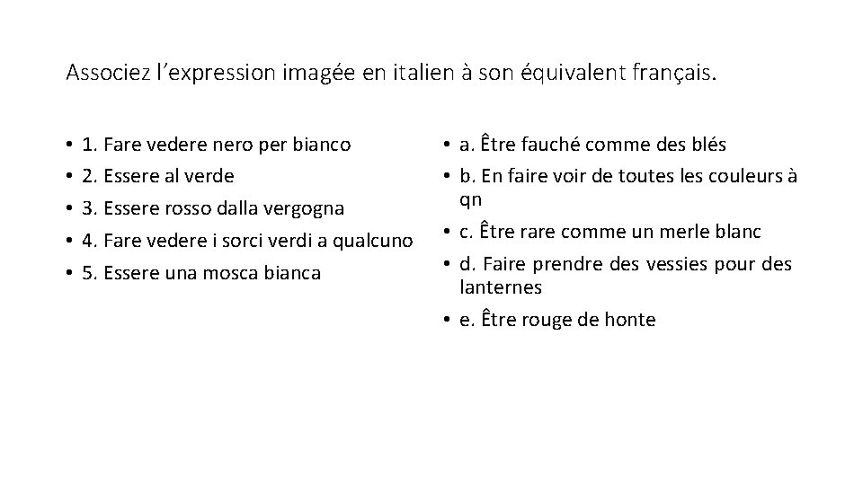 Associez l’expression imagée en italien à son équivalent français. • • • 1. Fare