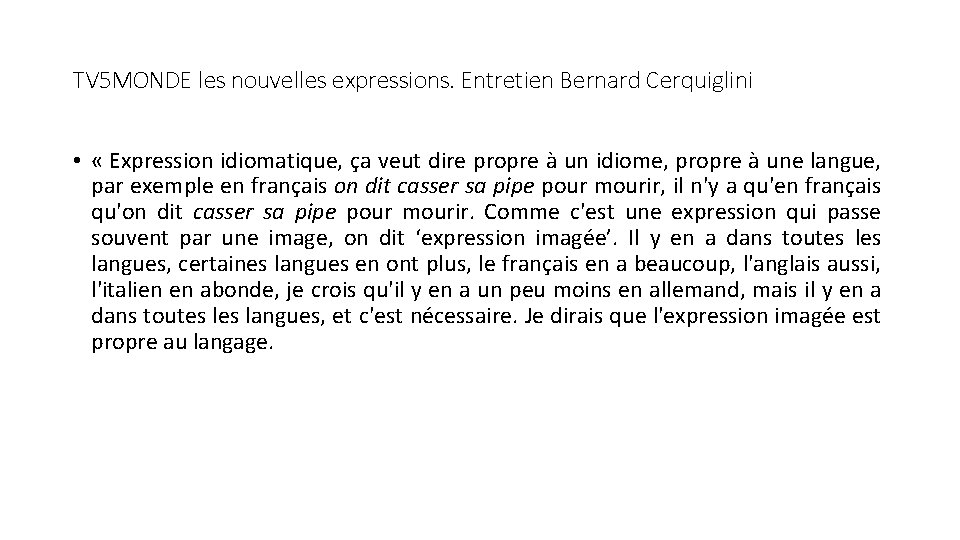 TV 5 MONDE les nouvelles expressions. Entretien Bernard Cerquiglini • « Expression idiomatique, ça