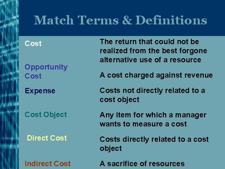 Match Terms & Definitions Cost Opportunity Cost The return that could not be realized