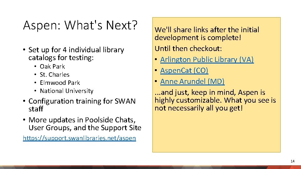 Aspen: What's Next? • Set up for 4 individual library catalogs for testing: •