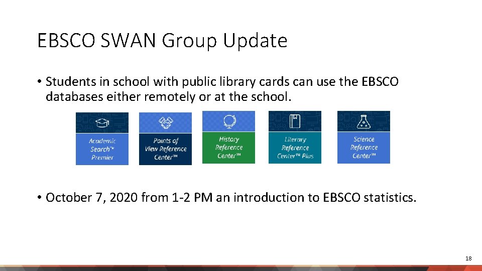 EBSCO SWAN Group Update • Students in school with public library cards can use