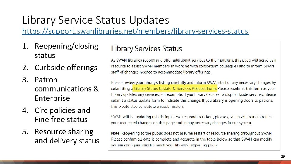 Library Service Status Updates https: //support. swanlibraries. net/members/library-services-status 1. Reopening/closing status 2. Curbside offerings