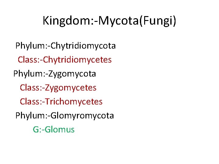 Kingdom: -Mycota(Fungi) Phylum: -Chytridiomycota Class: -Chytridiomycetes Phylum: -Zygomycota Class: -Zygomycetes Class: -Trichomycetes Phylum: -Glomyromycota