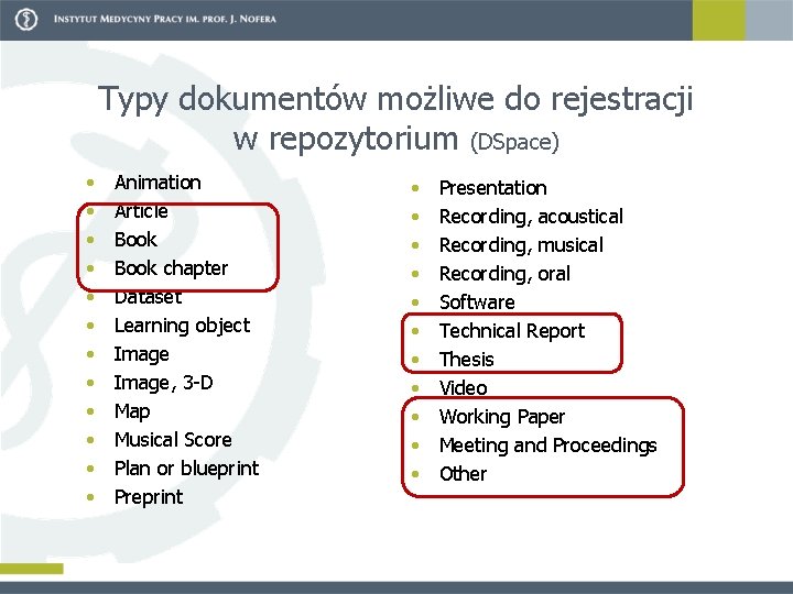 Typy dokumentów możliwe do rejestracji w repozytorium (DSpace) • • • Animation Article Book