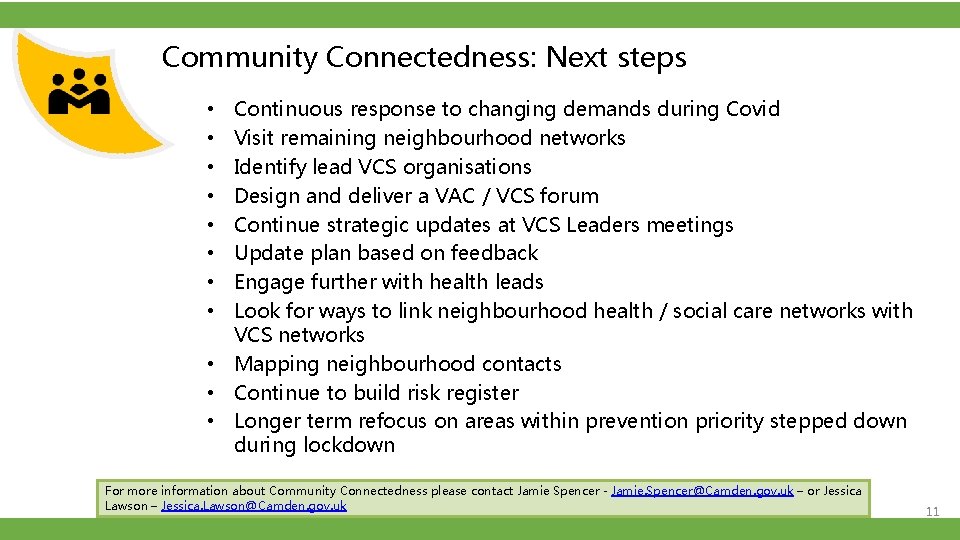 Community Connectedness: Next steps Continuous response to changing demands during Covid Visit remaining neighbourhood