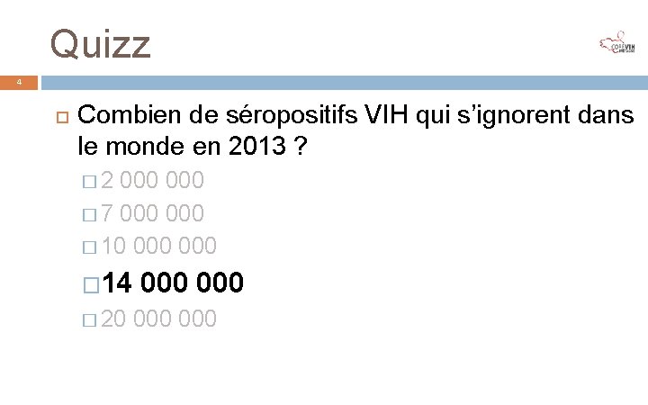 Quizz 4 Combien de séropositifs VIH qui s’ignorent dans le monde en 2013 ?