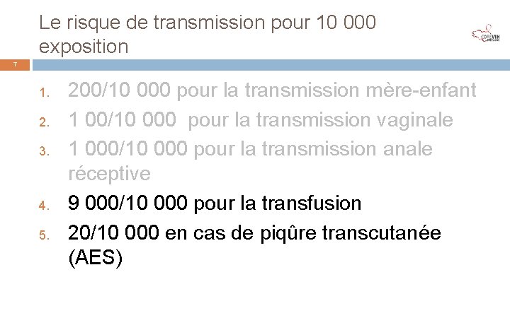 Le risque de transmission pour 10 000 exposition 7 1. 2. 3. 4. 5.