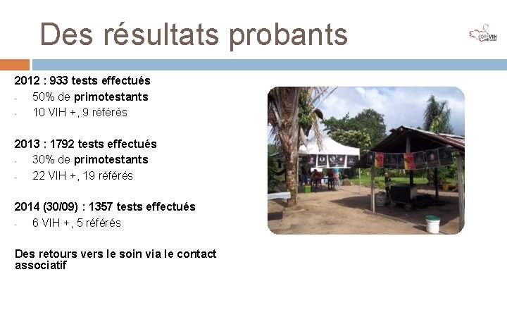 Des résultats probants 2012 : 933 tests effectués 50% de primotestants 10 VIH +,