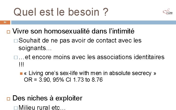 Quel est le besoin ? 86 Vivre son homosexualité dans l’intimité � Souhait de