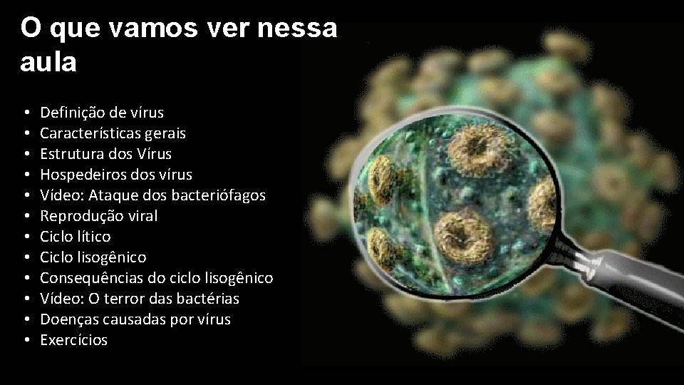 O que vamos ver nessa aula • • • Definição de vírus Características gerais