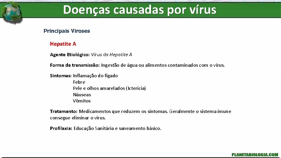 Doenças causadas por vírus Principais Viroses Hepatite A Agente Etiológico: Vírus da Hepatite A