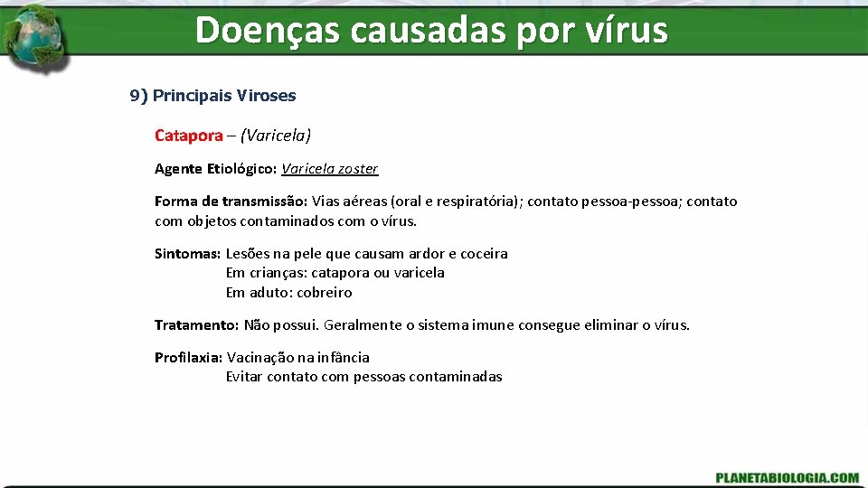 Doenças causadas por vírus 9) Principais Viroses Catapora – (Varicela) Agente Etiológico: Varicela zoster