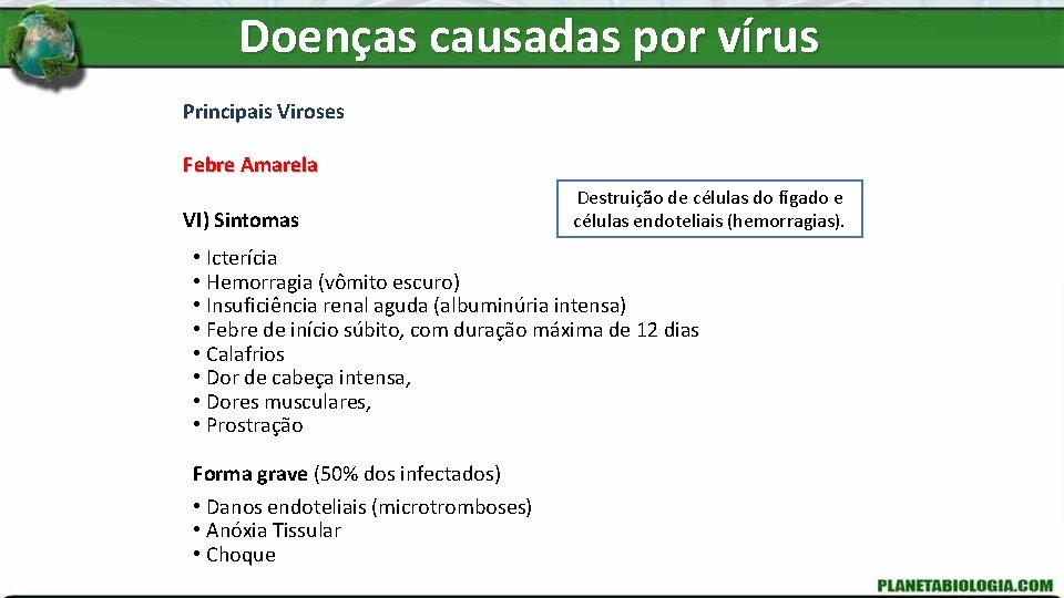 Doenças causadas por vírus Principais Viroses Febre Amarela VI) Sintomas Destruição de células do