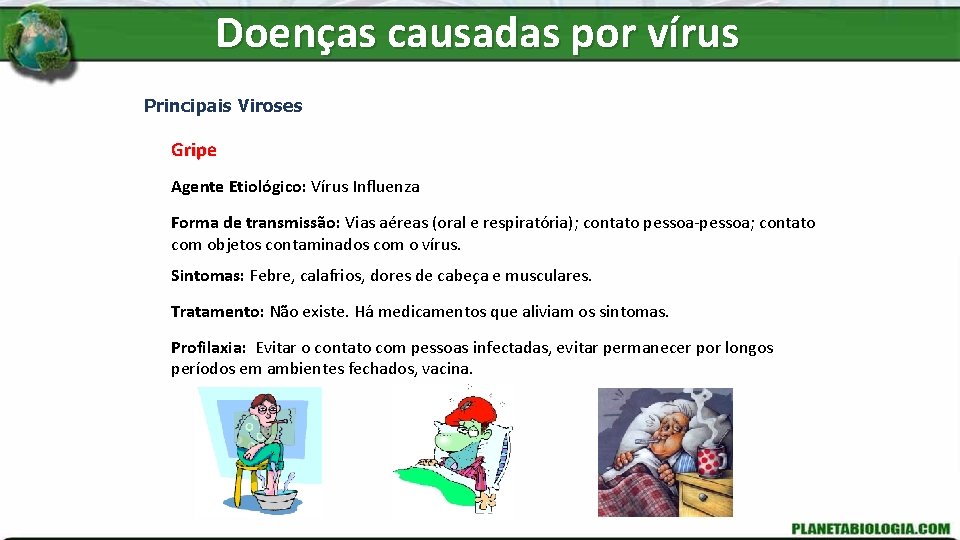 Doenças causadas por vírus Principais Viroses Gripe Agente Etiológico: Vírus Influenza Forma de transmissão: