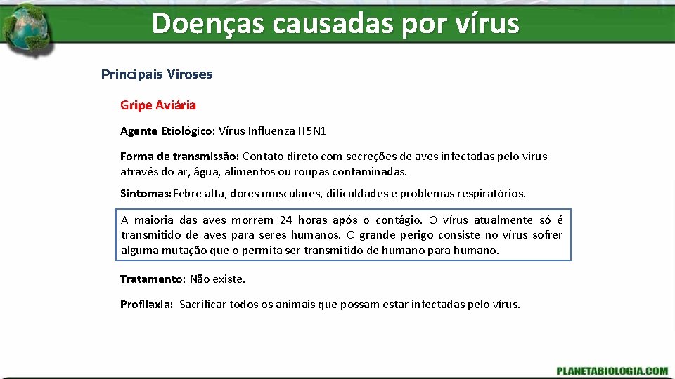 Doenças causadas por vírus Principais Viroses Gripe Aviária Agente Etiológico: Vírus Influenza H 5