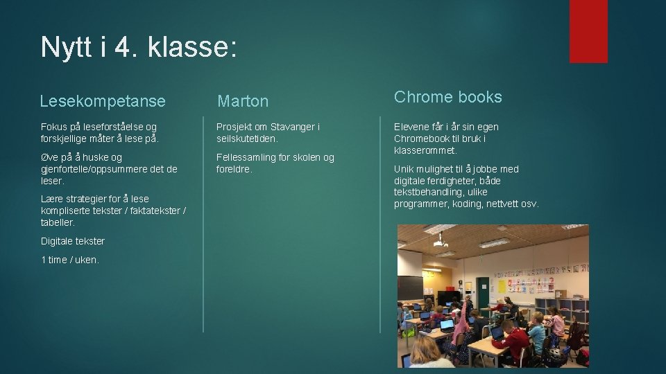 Nytt i 4. klasse: Lesekompetanse Marton Chrome books Fokus på leseforståelse og forskjellige måter