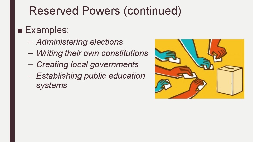 Reserved Powers (continued) ■ Examples: – – Administering elections Writing their own constitutions Creating Reserved Powers (continued) ■ Examples: – – Administering elections Writing their own constitutions Creating