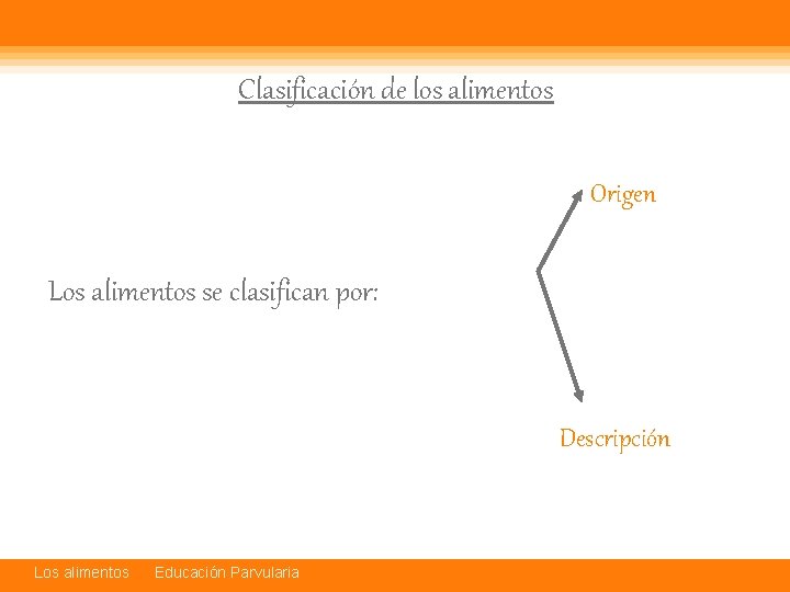 Clasificación de los alimentos Origen Los alimentos se clasifican por: Descripción Los alimentos Educación