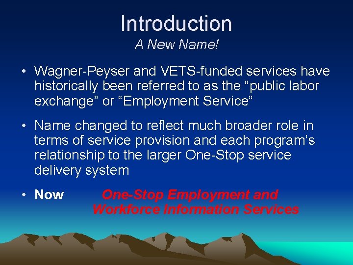 Introduction A New Name! • Wagner-Peyser and VETS-funded services have historically been referred to