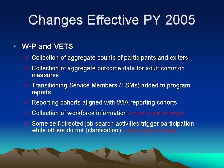 Changes Effective PY 2005 • W-P and VETS ü Collection of aggregate counts of