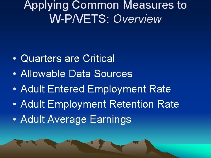 Applying Common Measures to W-P/VETS: Overview • • • Quarters are Critical Allowable Data