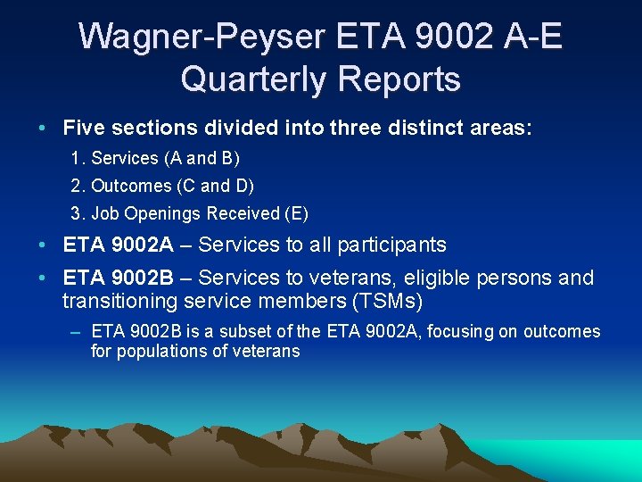 Wagner-Peyser ETA 9002 A-E Quarterly Reports • Five sections divided into three distinct areas: