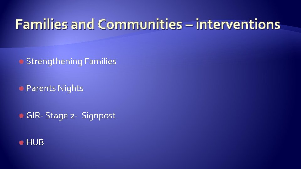 Families and Communities – interventions Strengthening Families Parents Nights GIR- Stage 2 HUB Signpost
