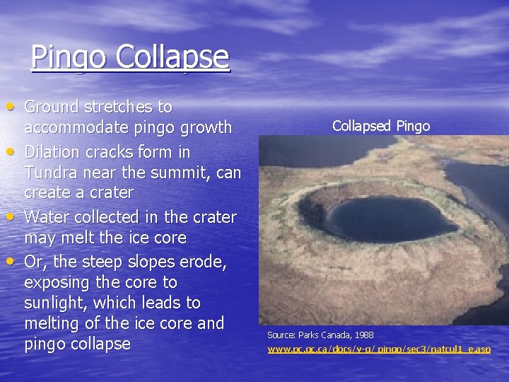 Pingo Collapse • Ground stretches to • • • accommodate pingo growth Dilation cracks