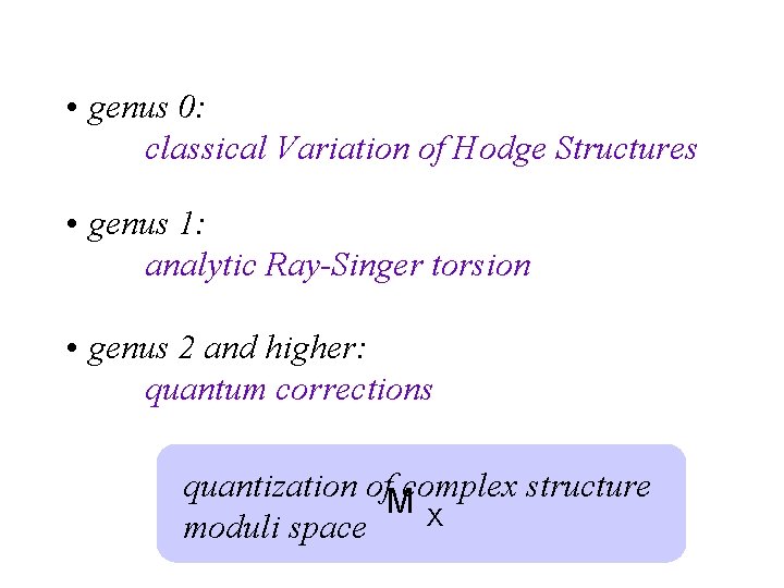  • genus 0: classical Variation of Hodge Structures • genus 1: analytic Ray-Singer
