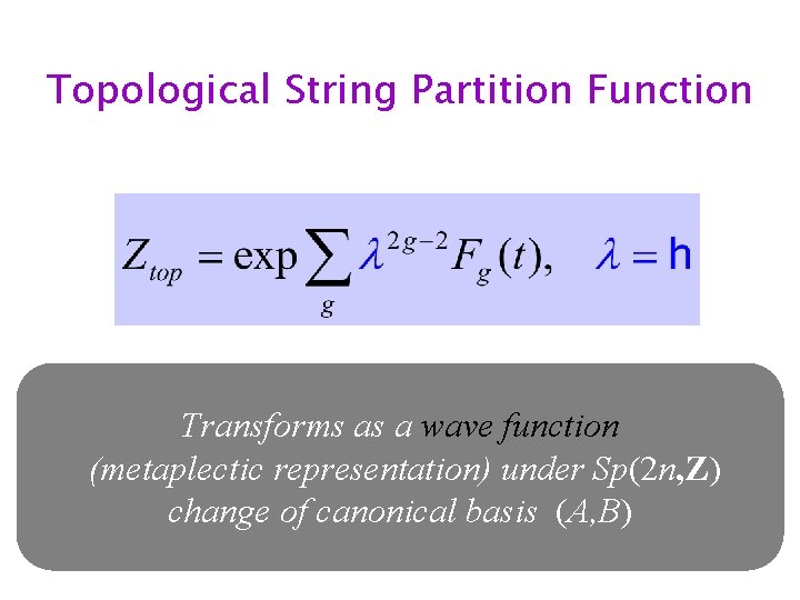 Topological String Partition Function Transforms as a wave function (metaplectic representation) under Sp(2 n,
