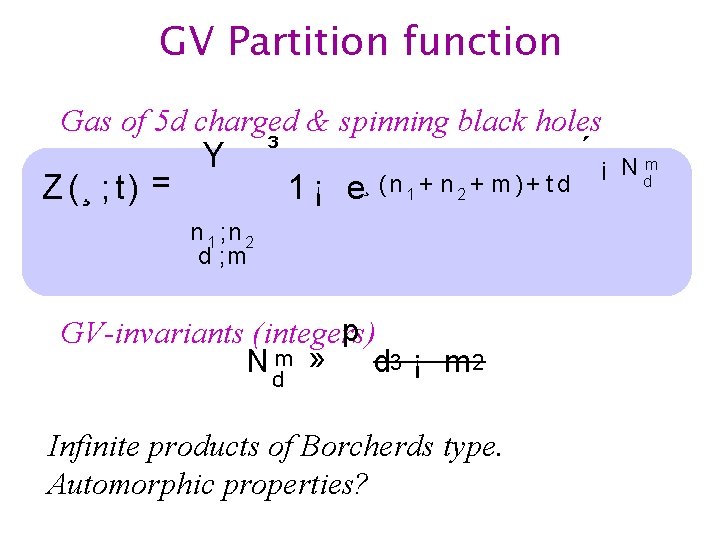 GV Partition function Gas of 5 d charged & spinning black holes Z (¸